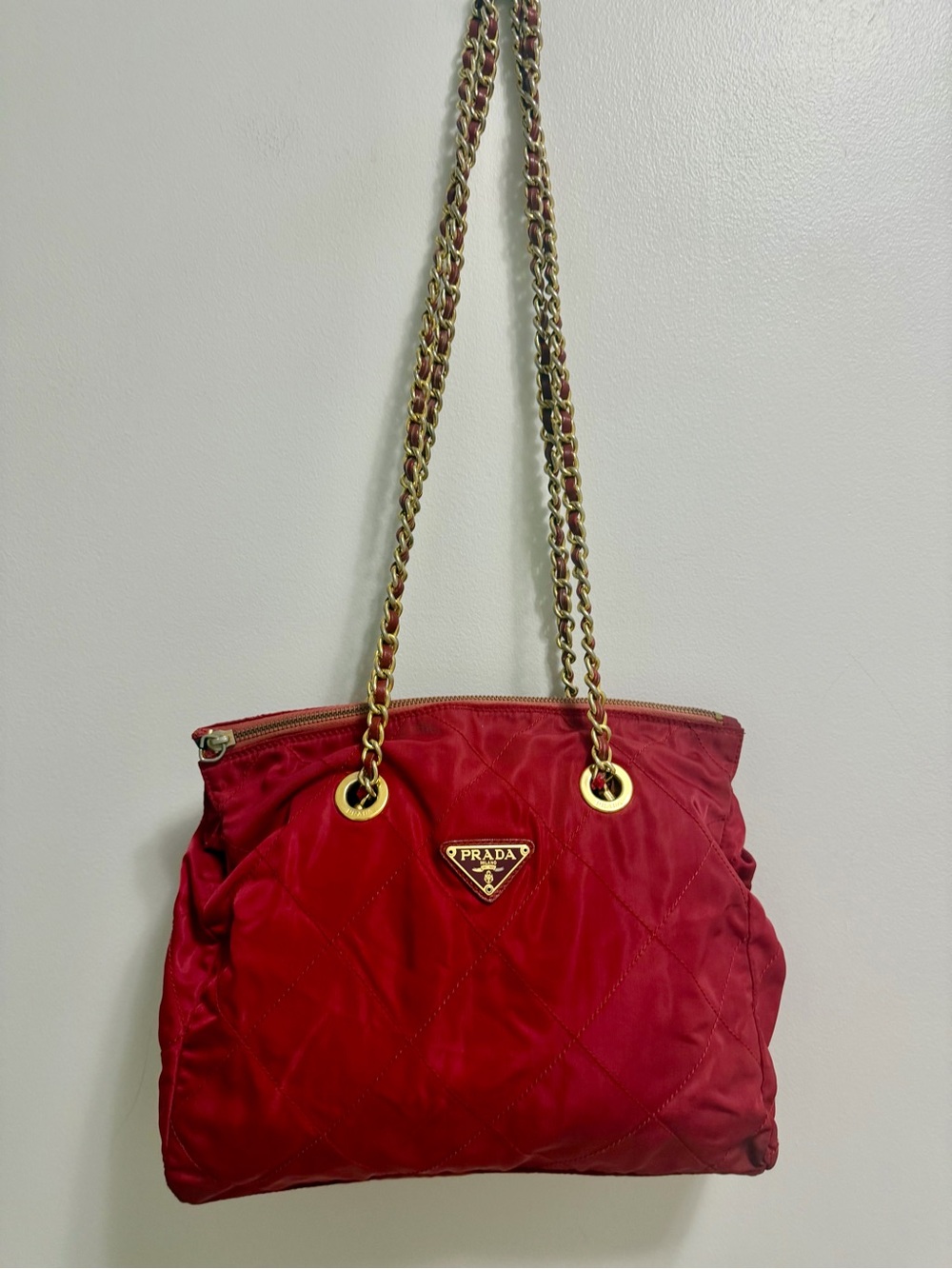 PRADA Quilted Chain Shoulder Bag Red Tessuto Nylon Triangle Logo